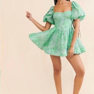 Green Floral Puff Sleeve Dress